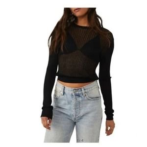 Free People H20 Crew Pullover Black Scoop Neck Mesh Cropped Ribbed Hem Large New